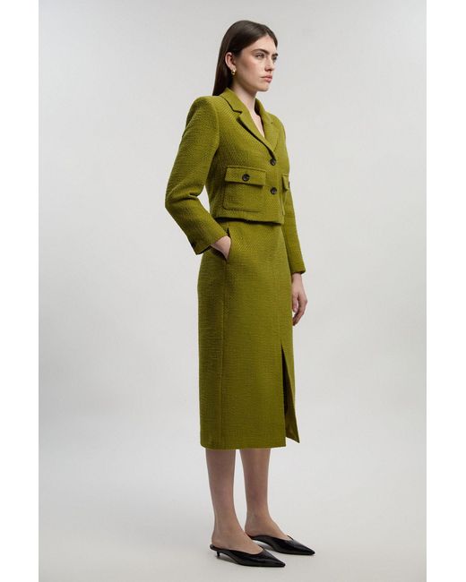 Karen Millen Green Textured Tweed Belted Tailored Pencil Skirt