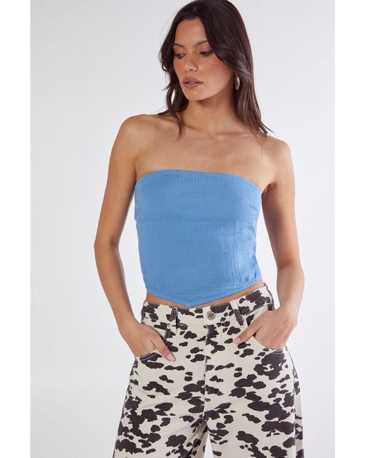 Nasty Gal Blue Textured Casual Hanky Hem Tie Back Top