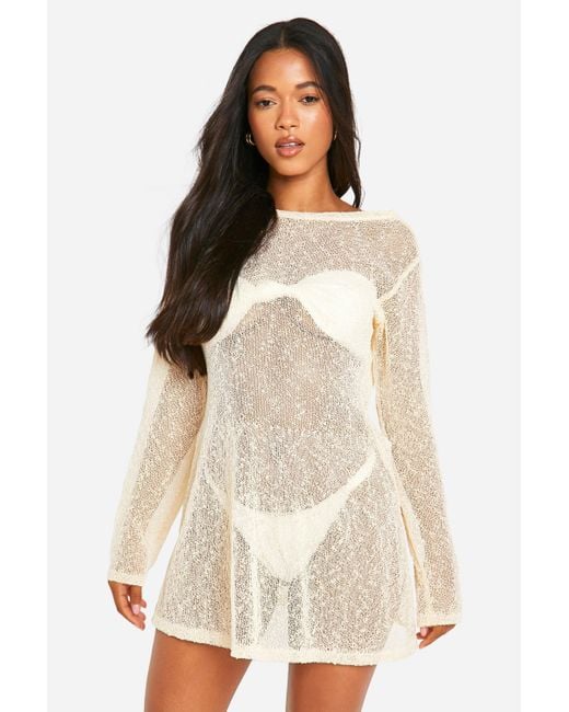 Boohoo White Popcorn Crochet Open Back Beach Mini Dress