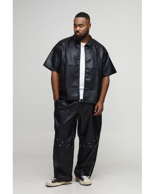 BoohooMAN Black Plus Oversized Studded Leather Look Short Sleeve Shirt for men
