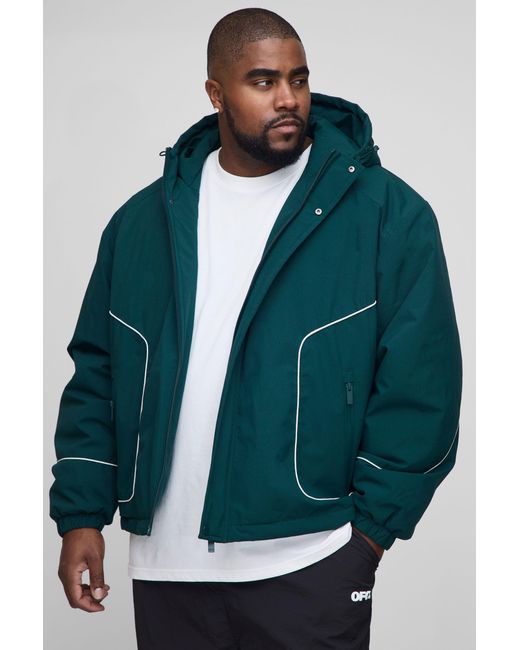 BoohooMAN Green Plus Regular Fit Piping Detail Nylon Padded Parka for men