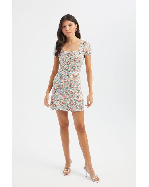 Hiccup White Floral Square Neck Short Sleeve Mini Dress