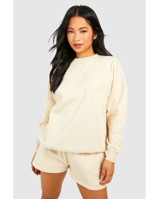 Boohoo Natural Petite Dsgn Studio Debossed Short Tracksuit