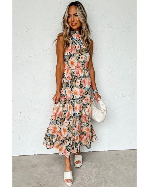 Azura Exchange Zwarte Boho Bloemenprint Geknoopte Halter Rimpel Maxi Jurk in het White