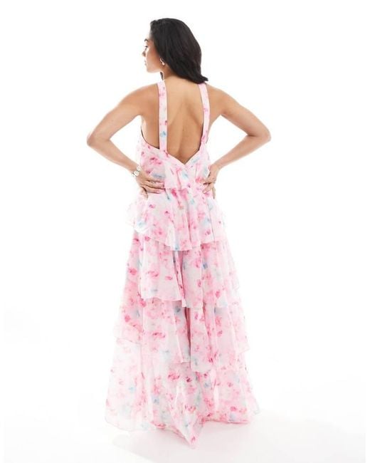 Vero Moda Pink Felicia Halter Neck Tiered Maxi Dress With Corsage Detail
