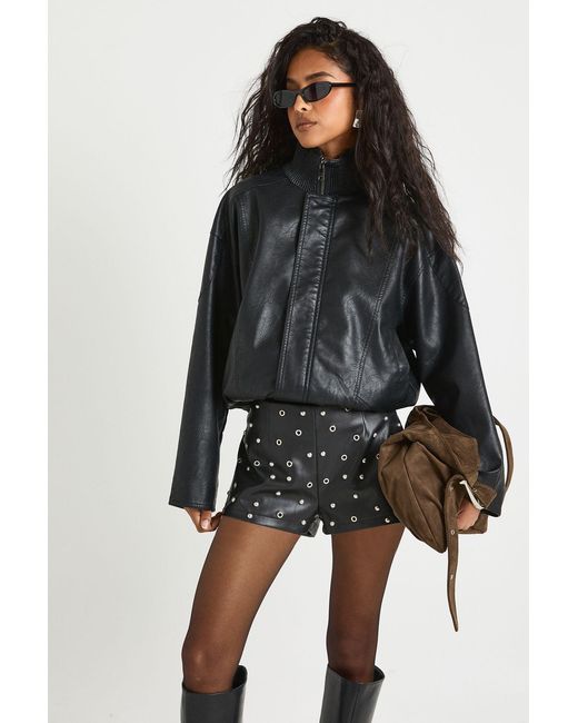 Boohoo Black Funnel Neck Faux Leather Bomber Jacket
