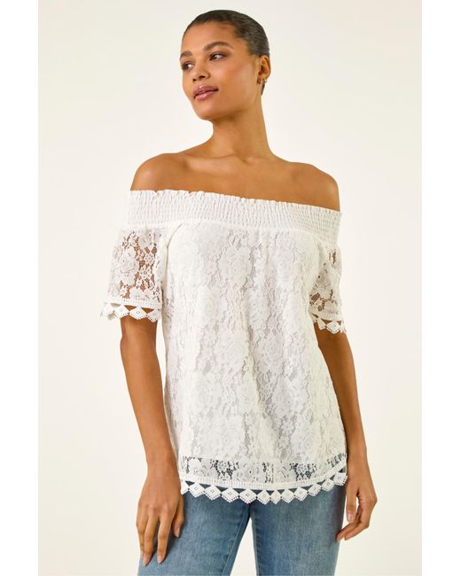 Roman White Lace Detail Bardot Top