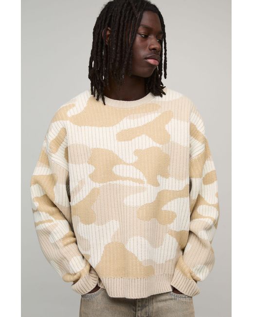 BoohooMAN Natural Oversized Boxy Camo Knitted Jumper for men
