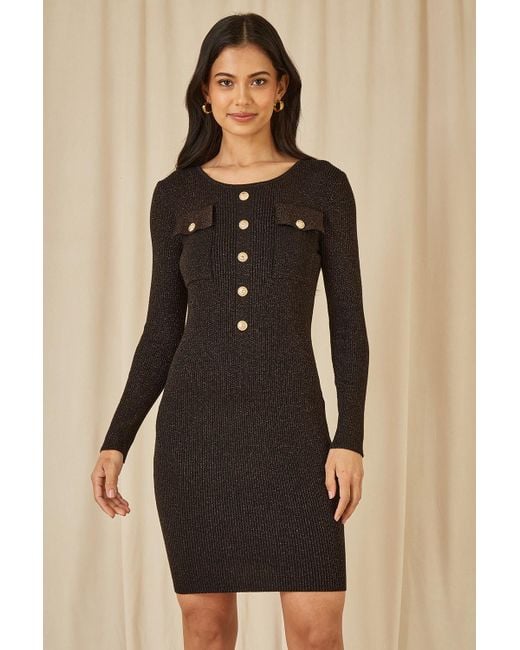 Yumi' Black Metallic Military Fitted Knitted Dress Viscose