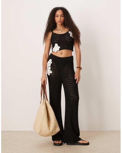 ASOS Black Knitted Crochet Wide Leg Trouser Co-Ord With Flower Patch Detail