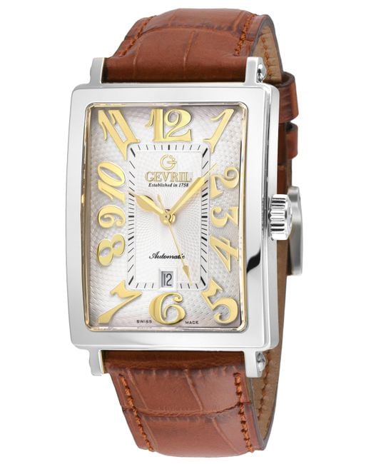 Gevril Brown Avenue Of America's Swiss Automatic Sellita Sw200 Stainless Steel Dial, Genuine Tan Leather Band for men