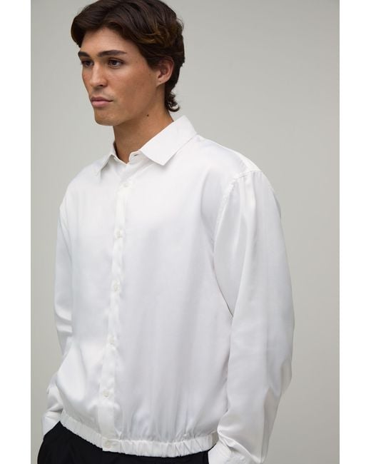 BoohooMAN White Oversized Boxy Elasticated Hem Satin Long Sleeve Shirt for men