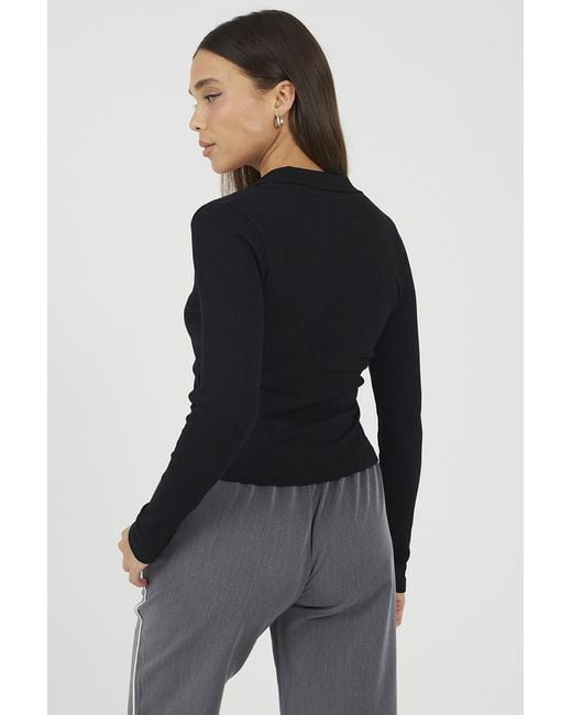 Brave Soul Black Ribbed V-Neck Collared Top