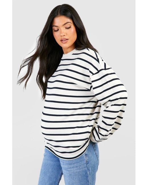 Boohoo Gray Maternity Crew Neck Long Sleeve Stripe Top