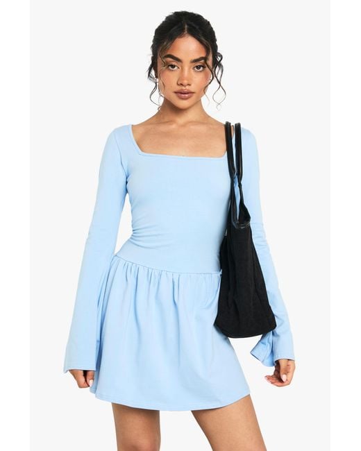 Boohoo Blue Square Neck Dropped Puff Ball Hem Mini Dress