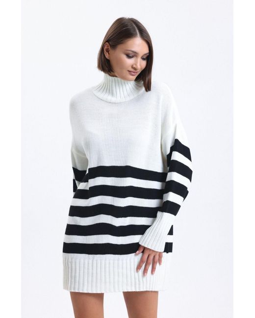 Hiccup White Striped High Neck Long Sweater