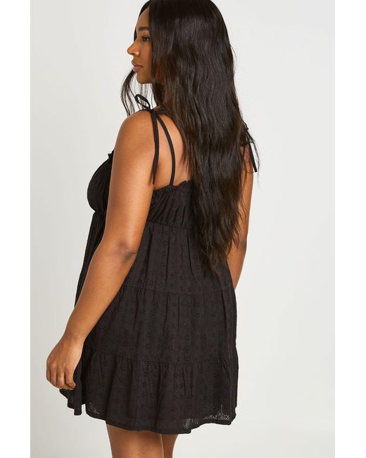 Boohoo Black Plus Broderie Scallopped Neck Tiered Smock Dress