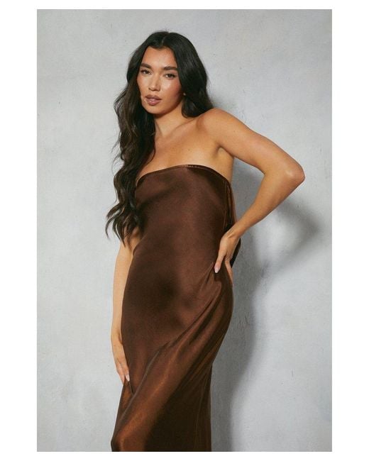 MissPap Brown Premium Satin Bandeau Cowl Back Fishtail Maxi Dress
