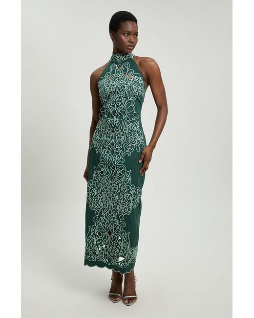 Karen Millen Green Cotton Cutwork Woven Halter Midi Dress
