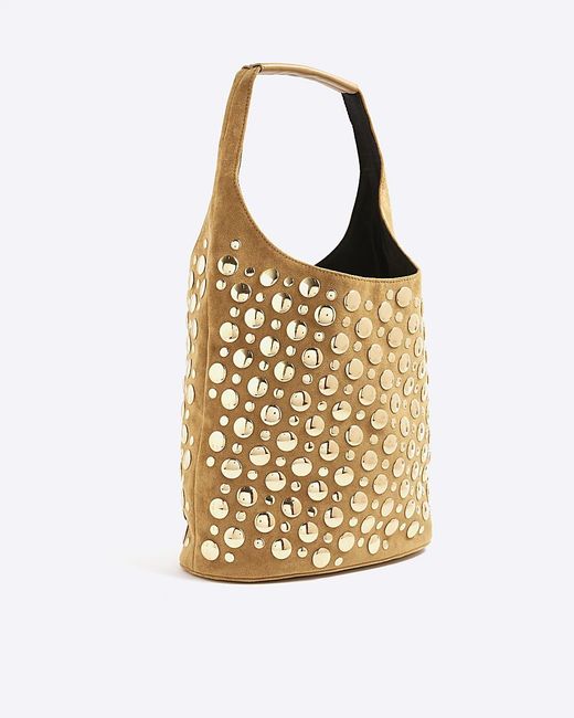 River Island Metallic Bucket Shoulder Bag Faux Suede Studded