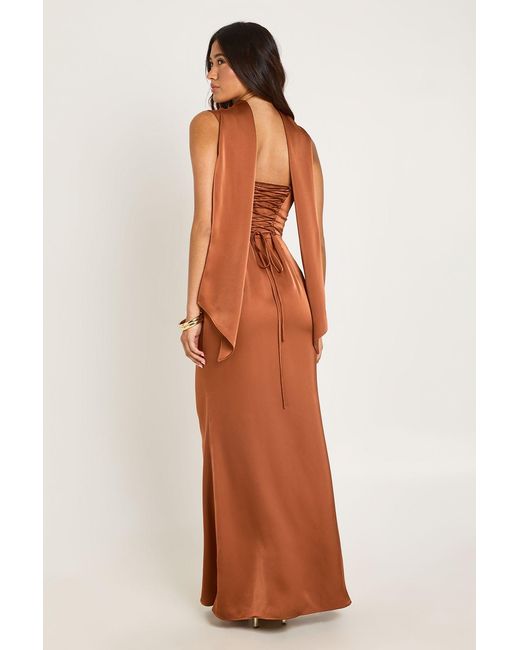 Boohoo Orange Satin Corset Detail Maxi Dress With Neck Scarf