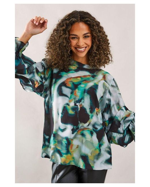 Wallis Green Marble Print High Neck Frill Detail Blouse