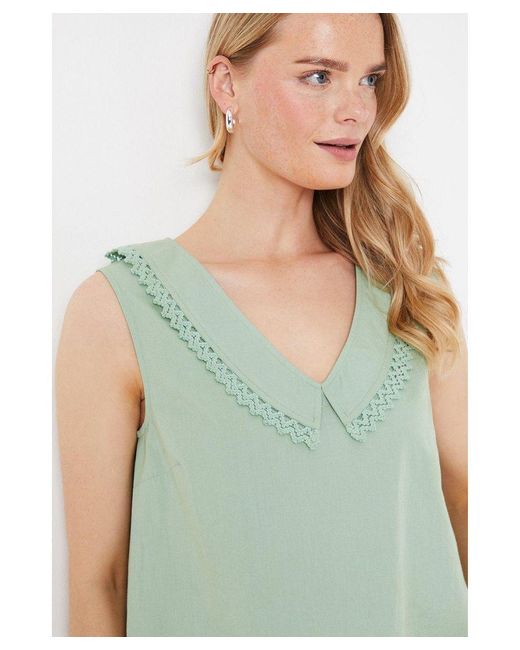 Oasis Green Poplin Lace Trim Collar Sleevless Top