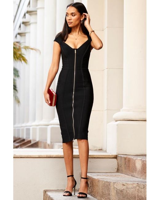 Sosandar White Premium Body-Sculpting Zip Front Bandage Jersey Dress