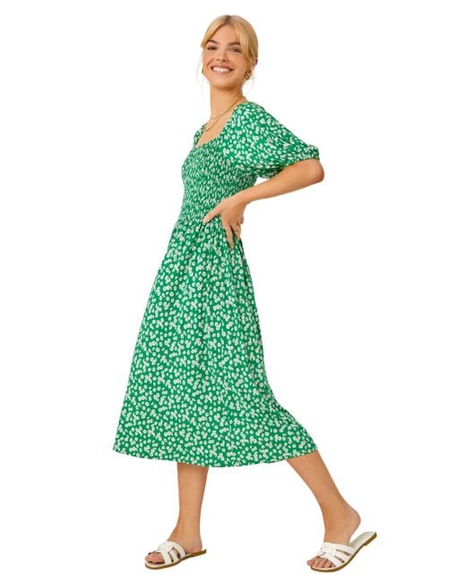 D.u.s.k Green Ditsy Floral Print Shirred Dress