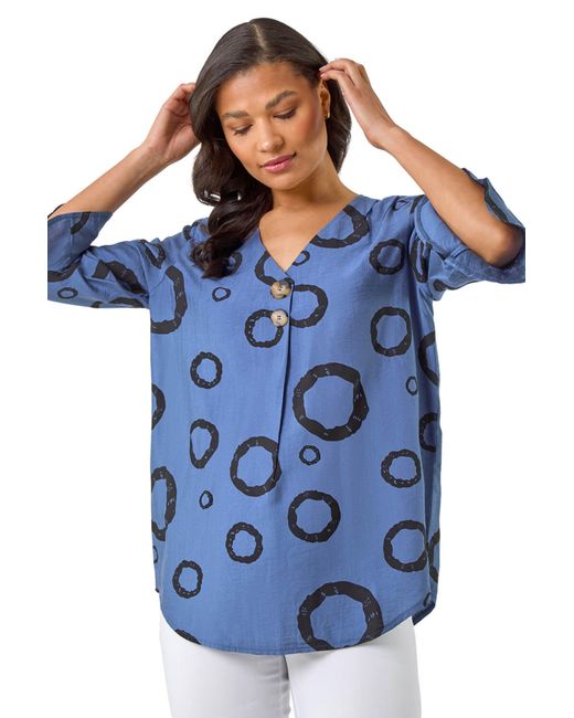 Roman Blue Circle Print V-Neck Button Tunic Top