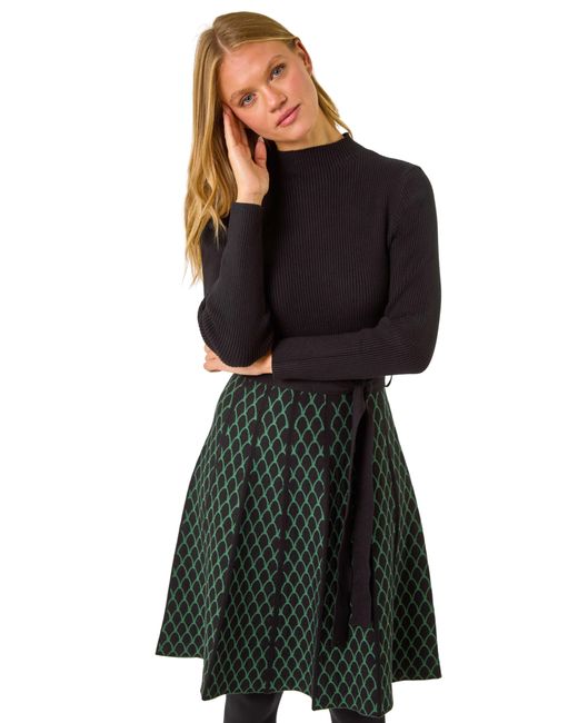 Roman Black Contrast Skirt Knit Jacquard Dress
