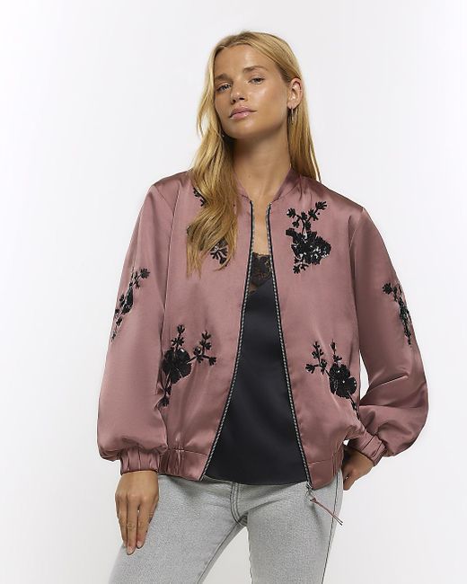 River Island Brown Satin Embellished Bomber Jacket