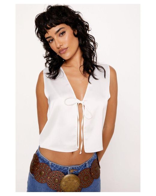 Nasty Gal White Satin Tie Front Top