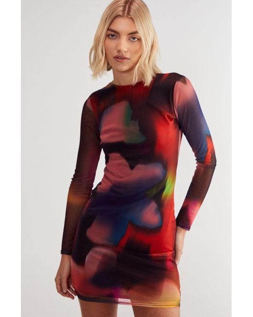 Nasty Gal Blurred Printed Mesh Long Sleeve Backless Tunic Mini Dress