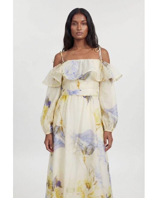 Karen Millen Natural Petite Floral Off The Shoulder Shirred Woven Maxi Dress Lyocell