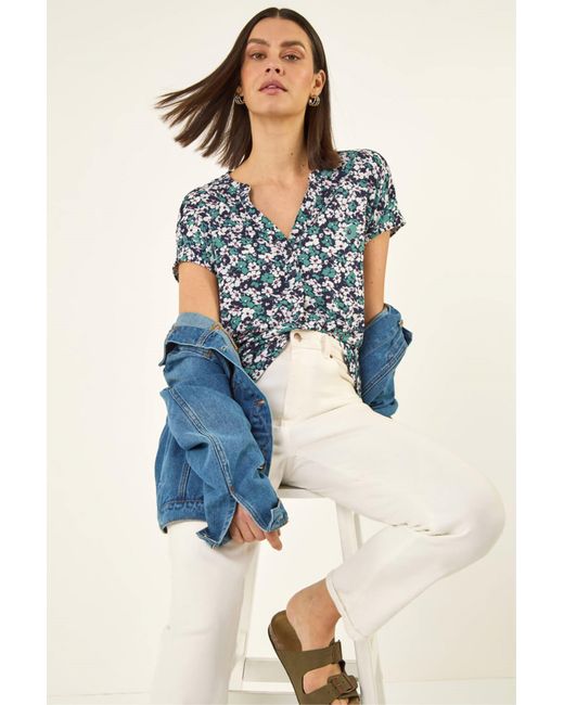 Roman Blue Textured Floral Print Top
