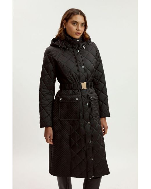 Karen Millen Black Quilted Hooded Longline Coat
