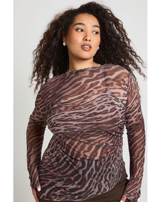 Boohoo Brown Plus Leopard Mesh Asymmetric Top