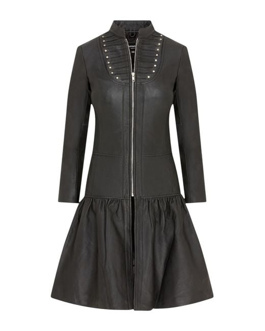Infinity Leather Black Ribet Goth Victorian Studded Flare Coat- Mist Lamb Leather