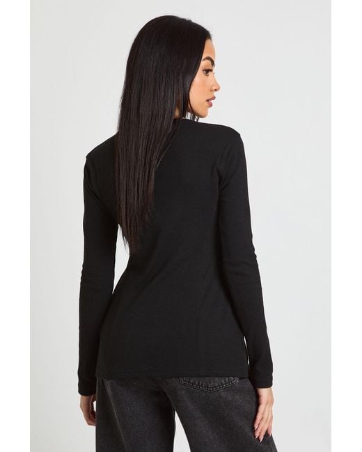 Boohoo Black Ribbed Longline Popper Front Top