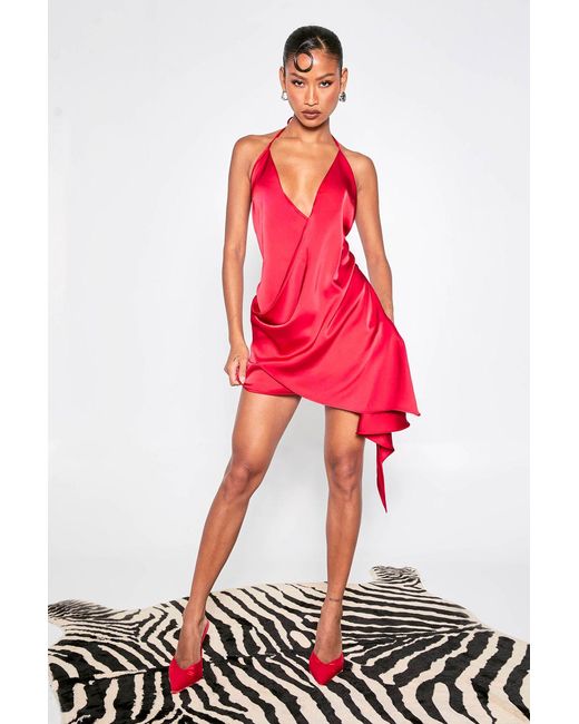 Boohoo Red Satin Wrap Front Ruffle Detail Mini Dress