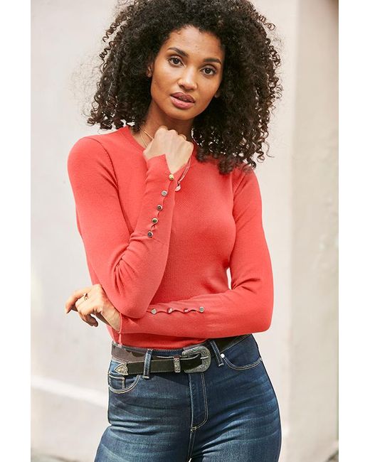 Sosandar Red Coral Button Cuff Crew Neck Jumper