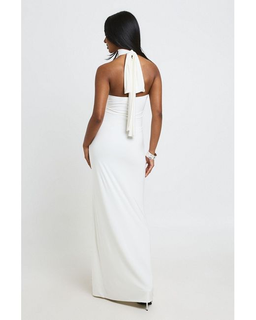 Boohoo White High Neck Scarf Wrap Waist Maxi Column Dress
