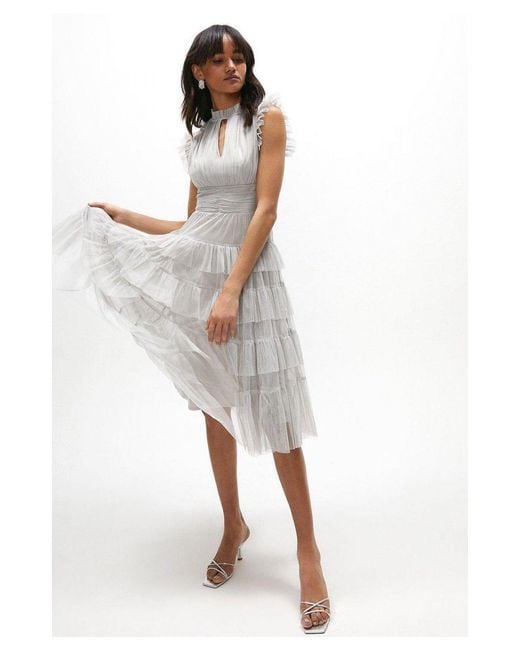 Coast White Tulle Tiered Frill Sleeve Dress