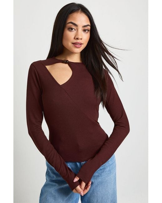 Boohoo Red Rib Long Sleeve Keyhole Detail Top With Bead Trim