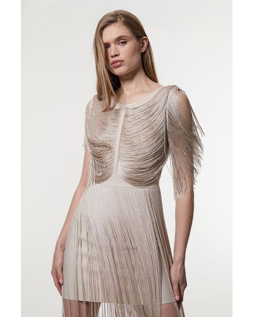 Karen Millen Natural Petite Maxi Draped Fringe Knitted Mini Dress