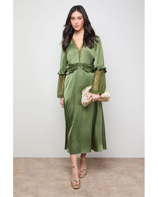 Oasis Green Lace Sleeve Frill Waist V Neck Midi Dress