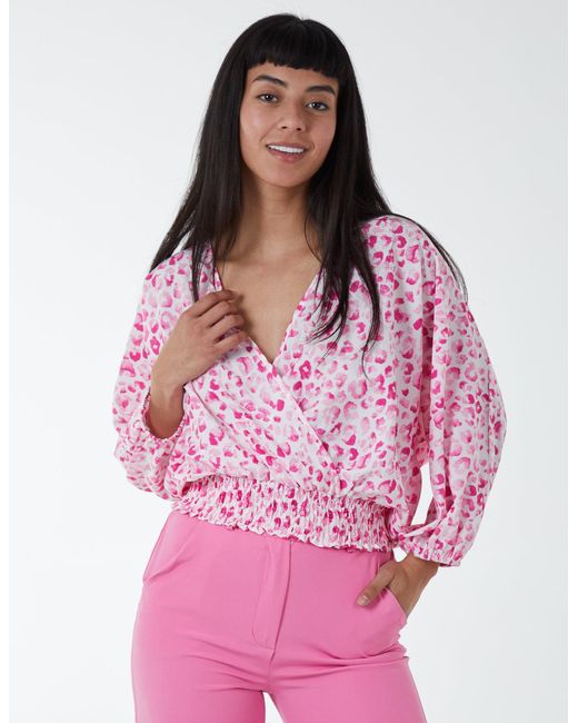 Blue Vanilla Pink Elasticated Sleeve Wrap Front Elastic Hem Top