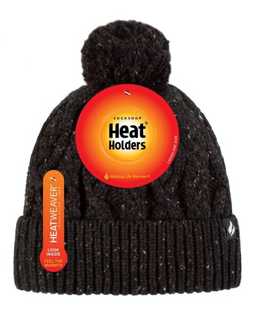 Heat Holders Black Ladies Pom Pom Bobble Hat