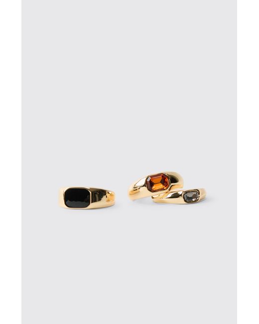 BoohooMAN Metallic 3 Pack Gem Rings Zinc for men